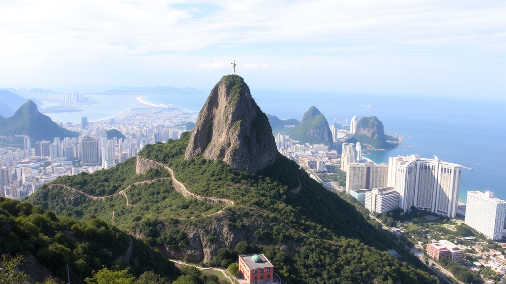 A panoramic view of Sugarloaf Mountain overlooking Rio de Janeiro, showcasing the cityscape and ocean.