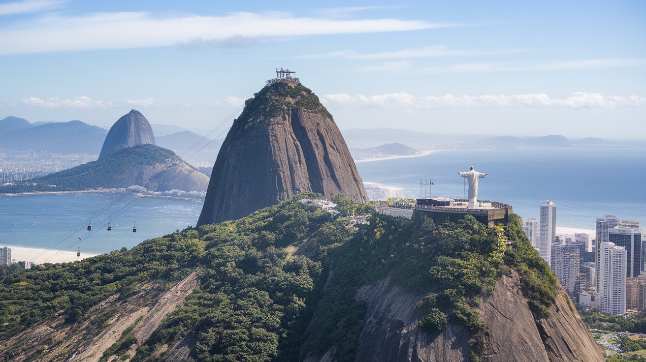 A panoramic view from Sugarloaf Mountain showcasing the landscape of Rio de Janeiro with the Christ the Redeemer statue visible in the distance.