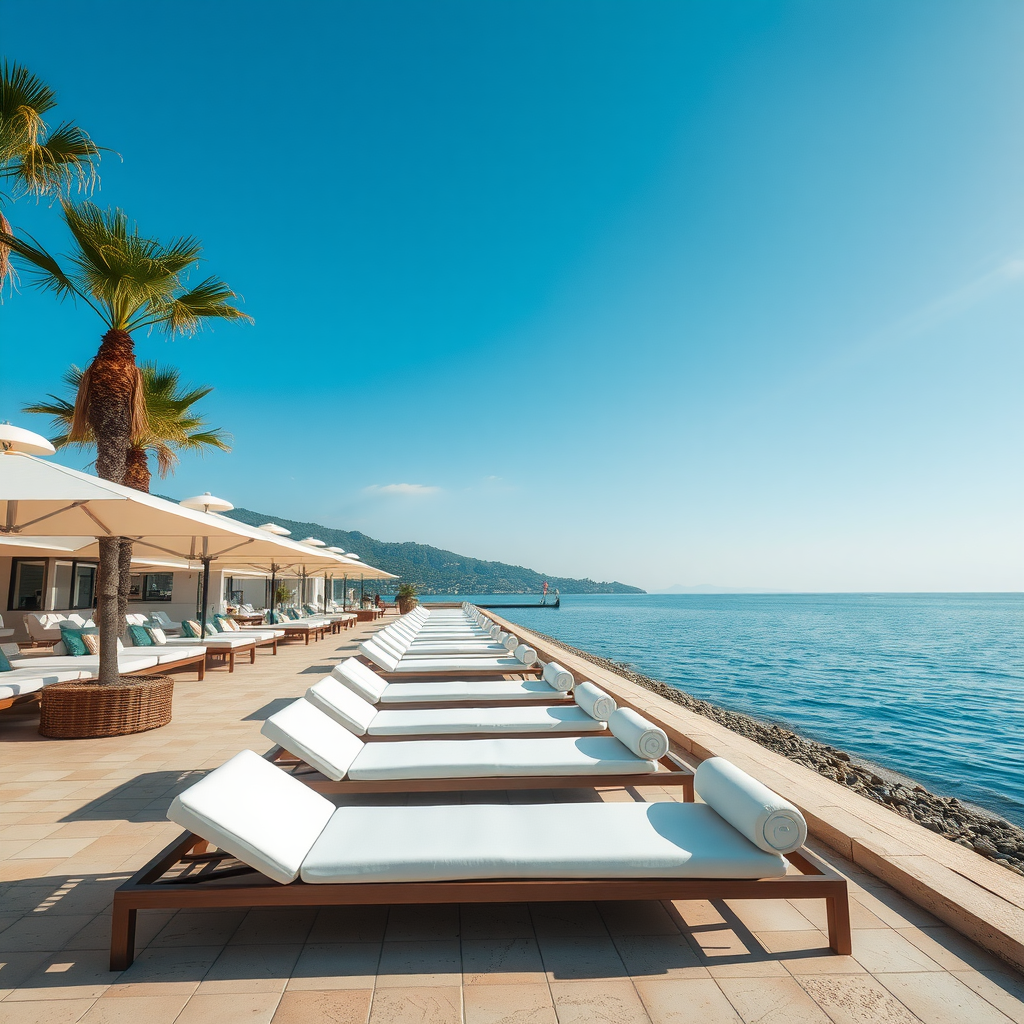 Sun loungers lined up by the beach at La Plage, Saint-Tropez.