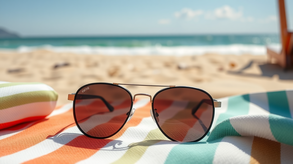 A pair of sunglasses resting on a colorful beach towel with the ocean in the background.