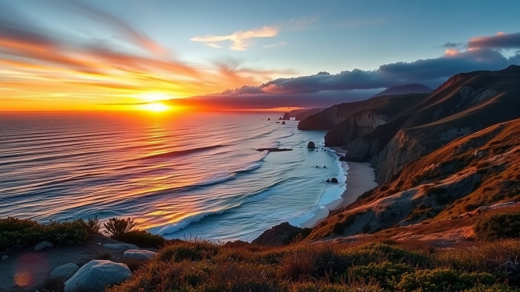 Stunning sunset view over the ocean at Big Sur, California.