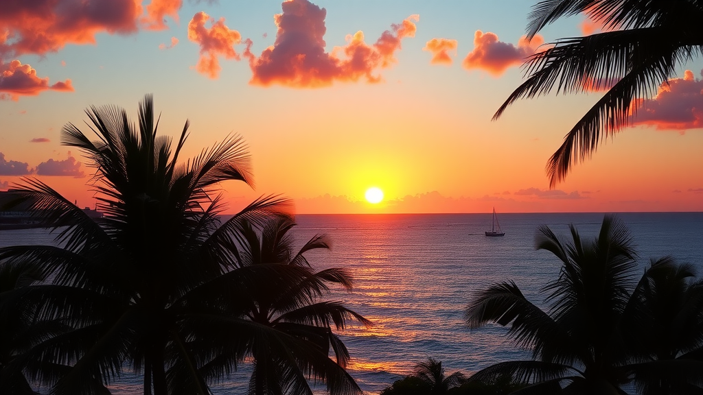 Colorful sunset over the ocean with palm trees in the foreground