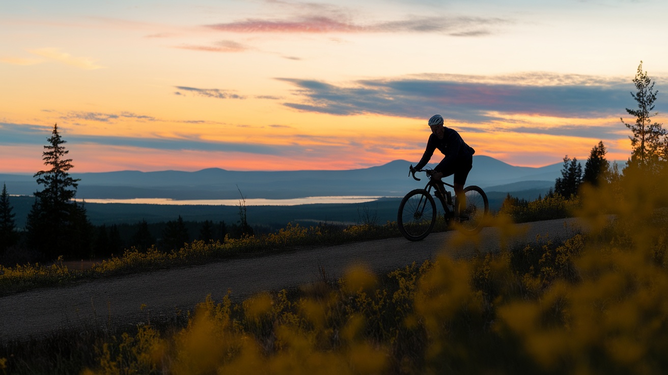 A cyclist riding on a trail during sunset with mountains and water in the background.