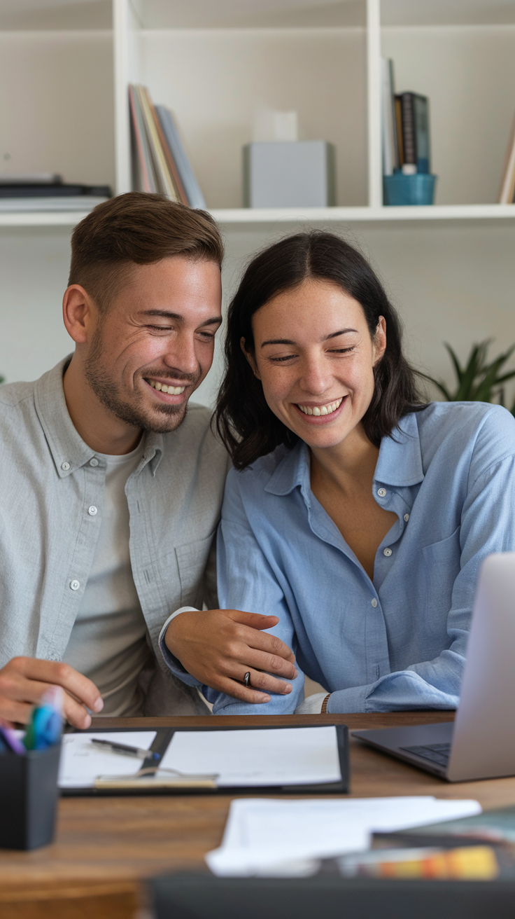 A smiling couple sitting close together at a desk, looking at a laptop and sharing a positive moment.