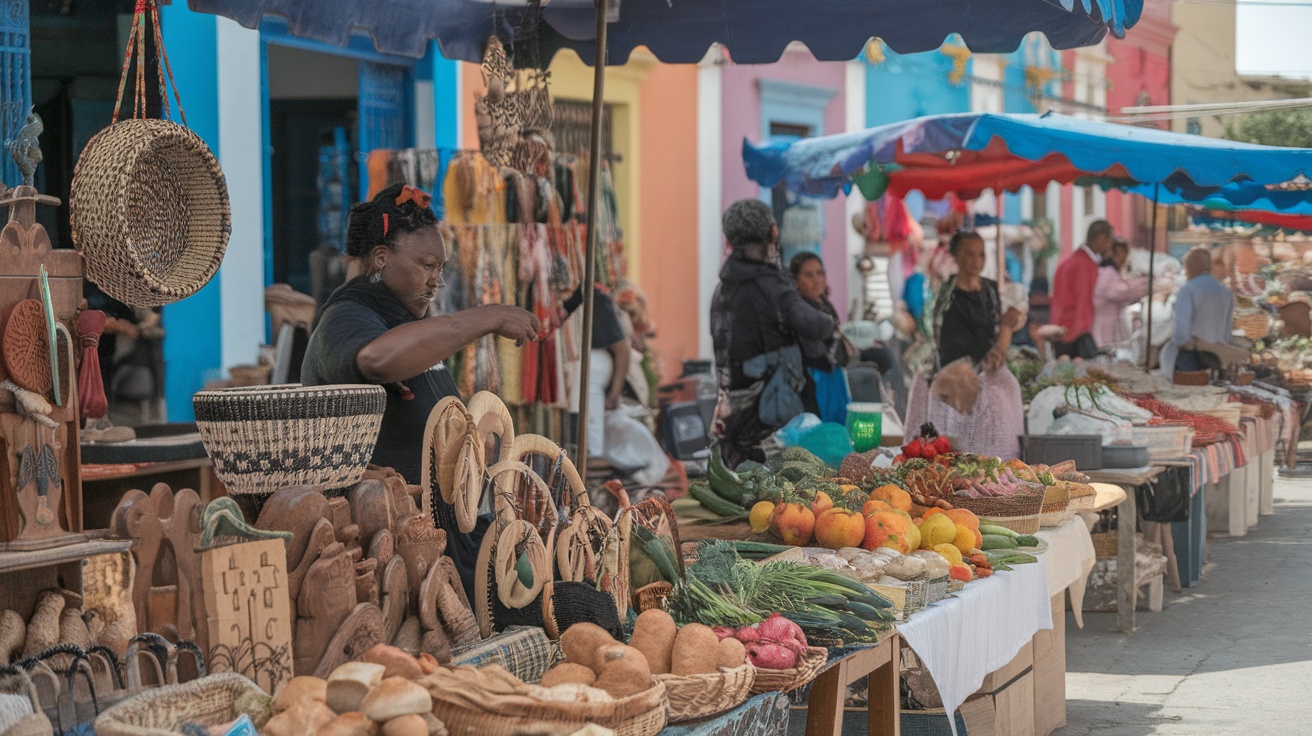 A vibrant local market with various handmade items and fresh produce.