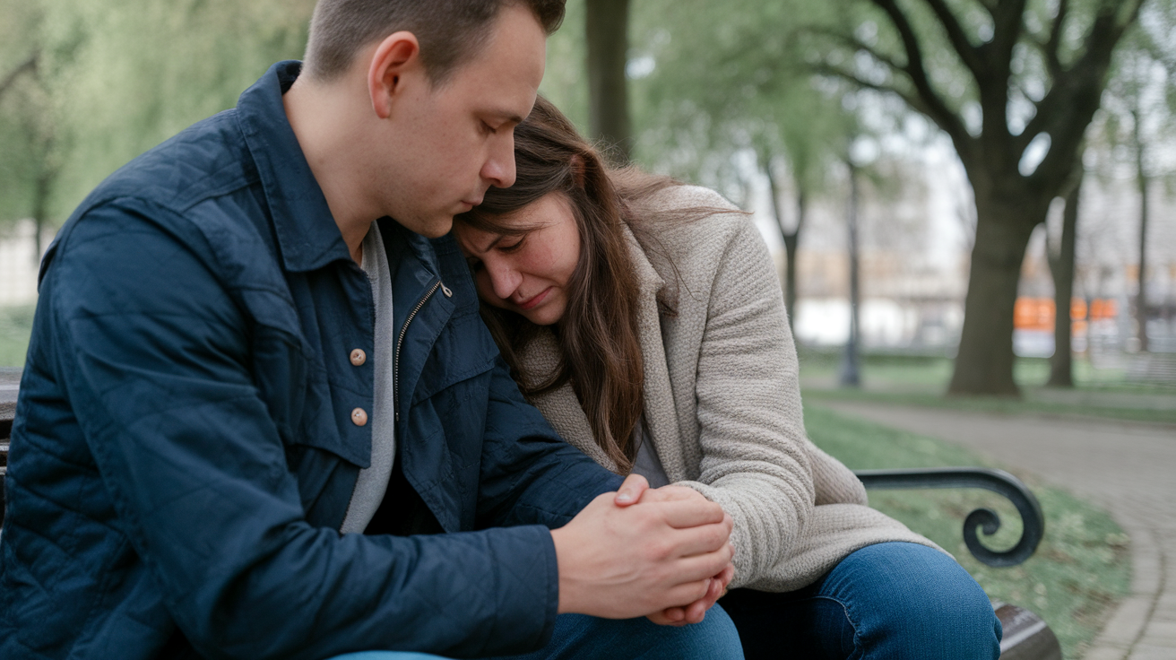 A couple sitting closely together on a bench, showing comfort and support during a difficult moment.