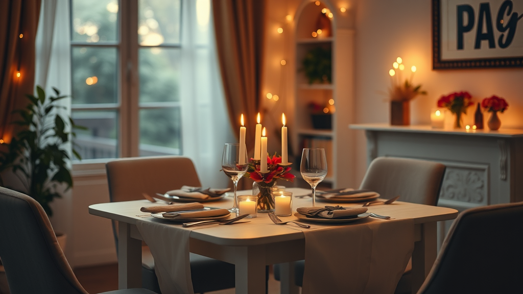 A beautifully set dining table with candles and flowers, creating a romantic atmosphere.