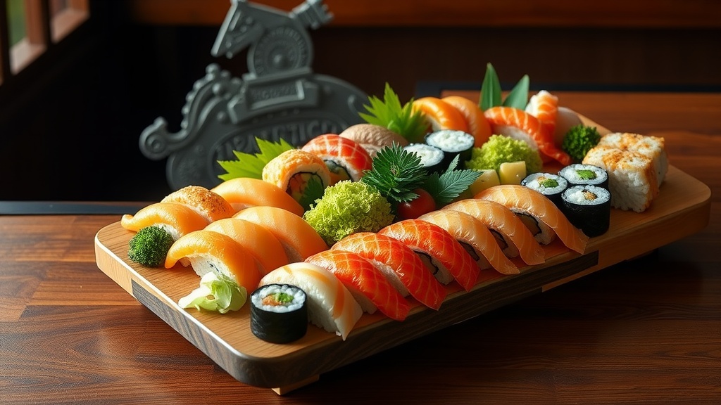 A beautifully arranged platter of various sushi types including nigiri and rolls.