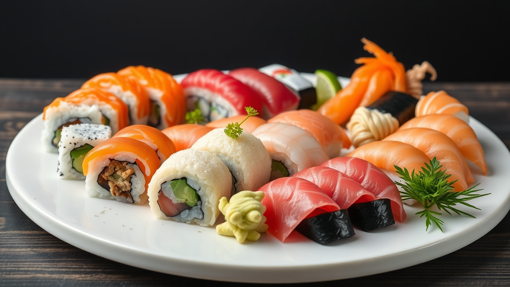 A beautifully arranged plate of various sushi and sashimi including colorful rolls and fresh fish.