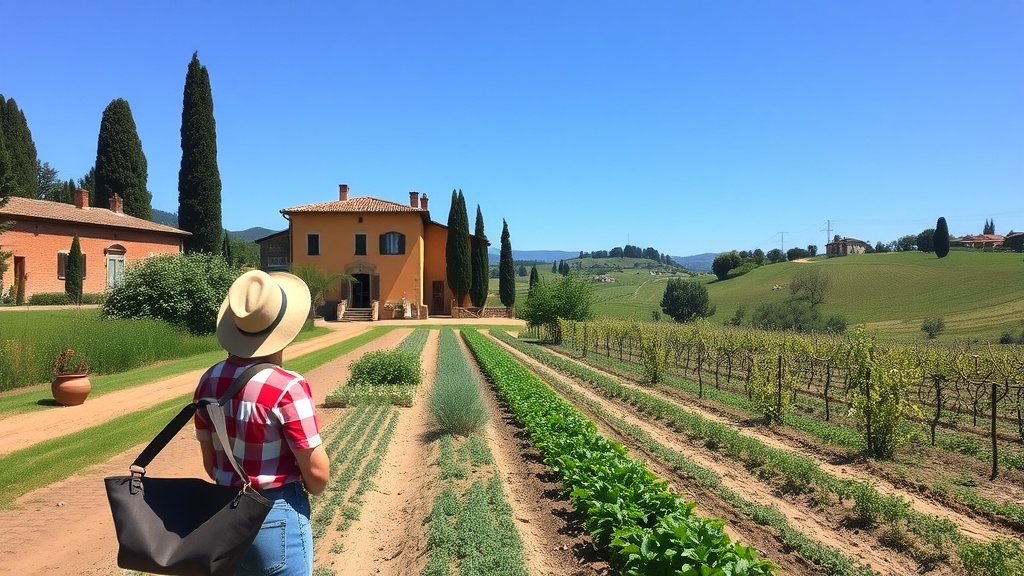 Person with a straw hat looking at sustainable farming in Tuscany.