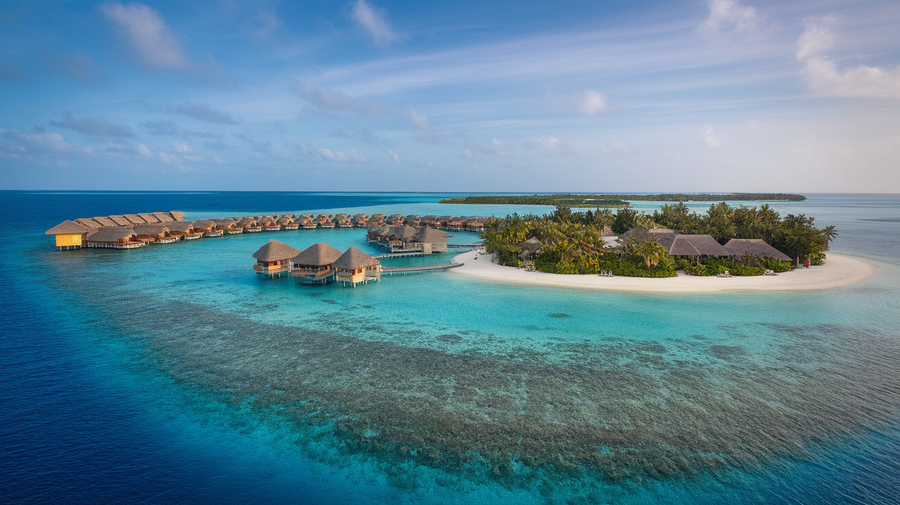 Aerial view of the sustainable islands in the Maldives showcasing clear blue waters and overwater bungalows.