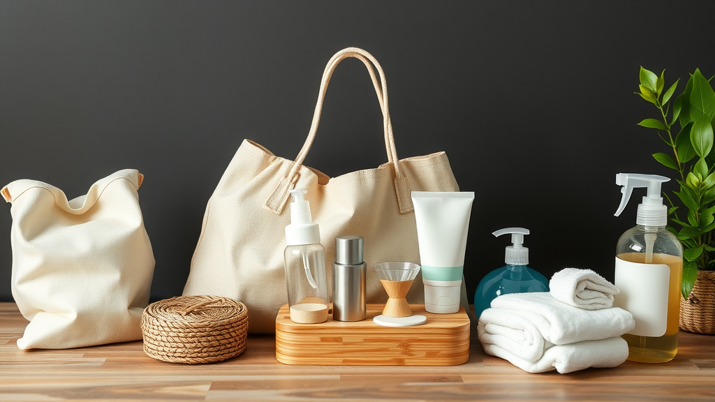 Eco-friendly packing essentials including reusable bags and sustainable toiletries.