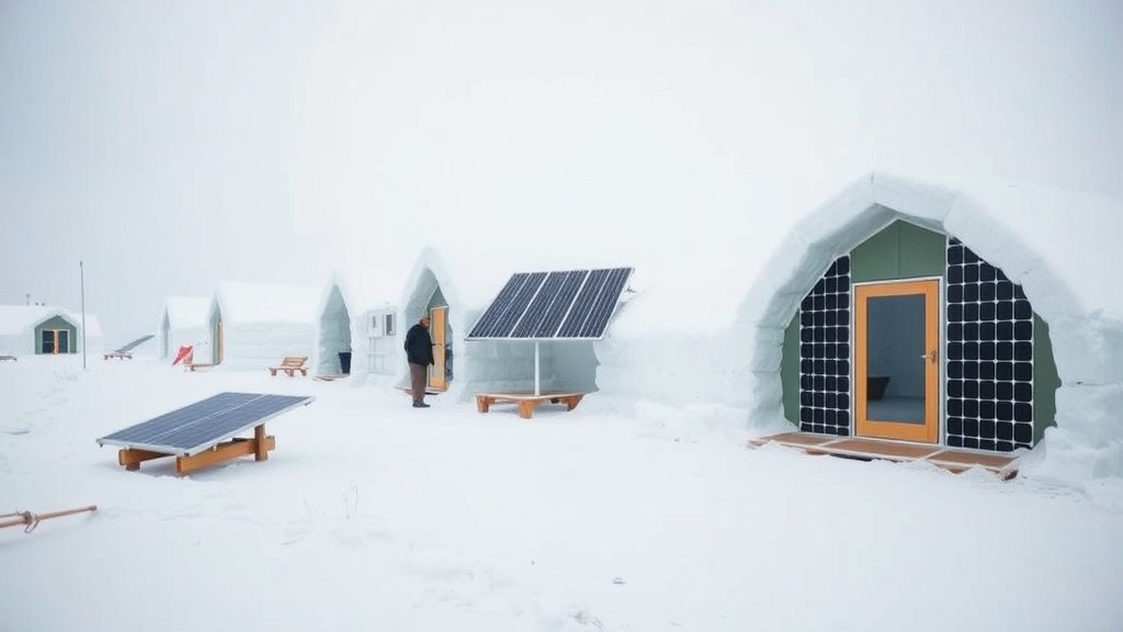 Snowy landscape with ice hotels and solar panels in the Arctic.