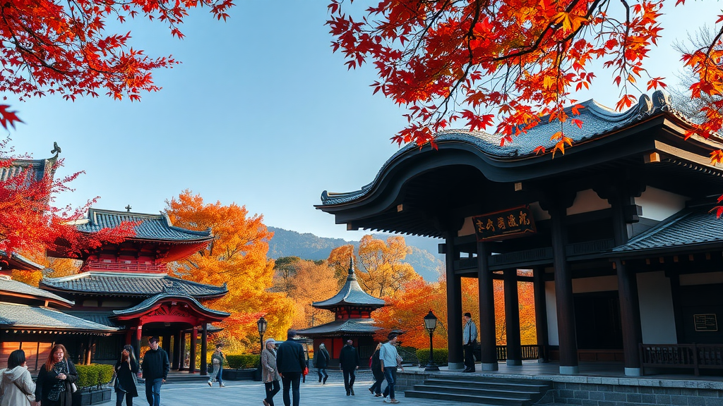 A scenic view of Suwa Taisha with autumn foliage and people walking around.