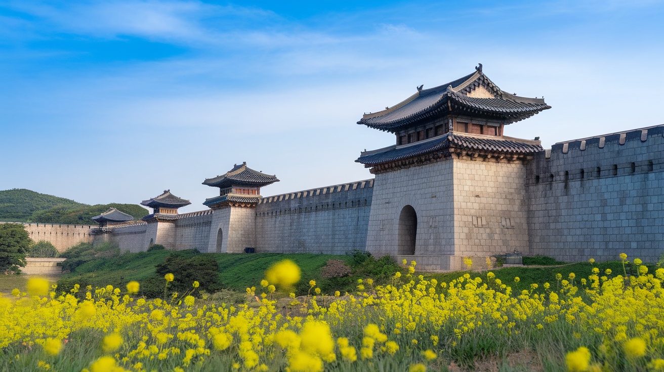 Suwon Hwaseong Fortress with yellow flowers in the foreground.