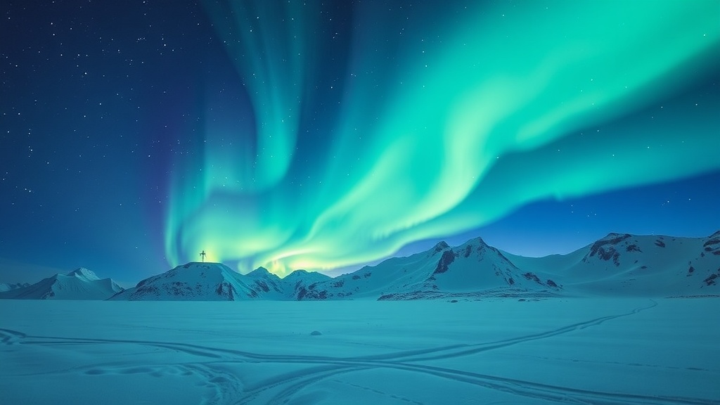 Stunning view of the Northern Lights over snowy mountains in Svalbard, Norway