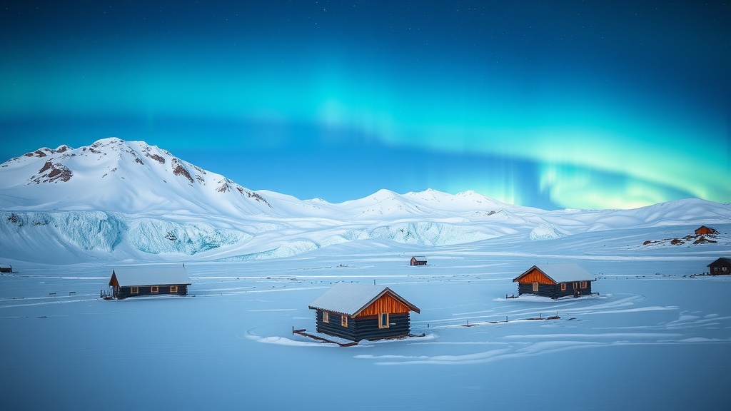 Snow-covered cabins in Svalbard, Norway under the Northern Lights.