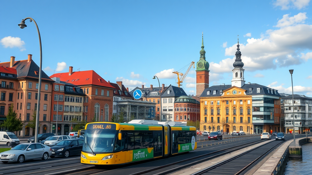 A bus traveling through a scenic Swedish city with historic buildings and modern architecture.