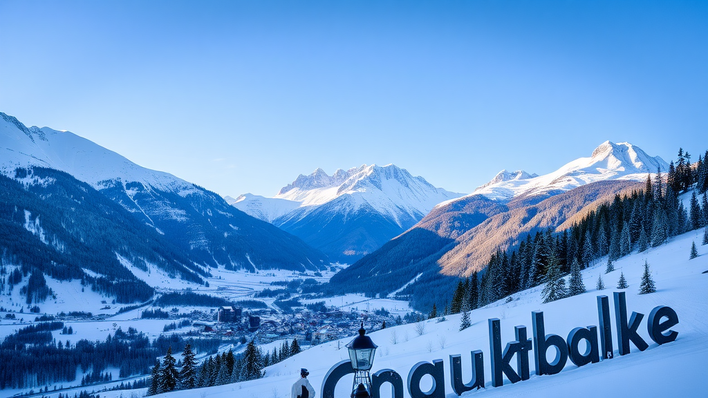 A scenic view of snow-covered Swiss Alps with a mountain town in the valley.