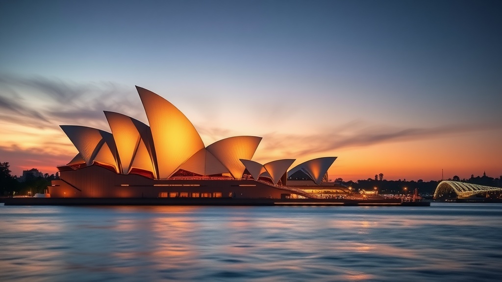 Sydney Opera House at sunset, showcasing its unique sail-like architecture.