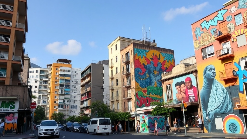 Colorful street art on buildings in São Paulo with blue skies