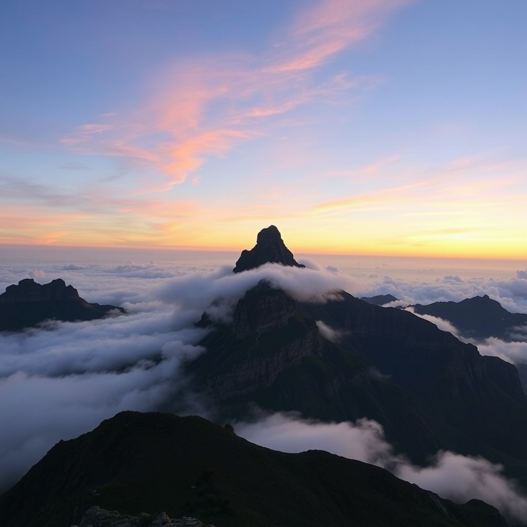 A panoramic view of Table Mountain at sunset, surrounded by clouds and a colorful sky.