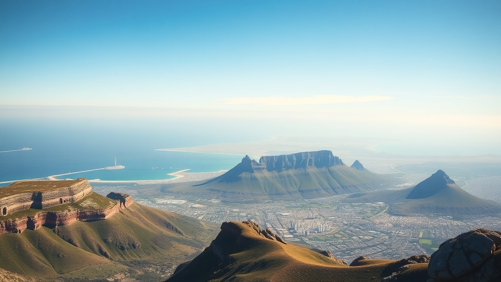 A panoramic view of Table Mountain with Cape Town and the ocean in the background.