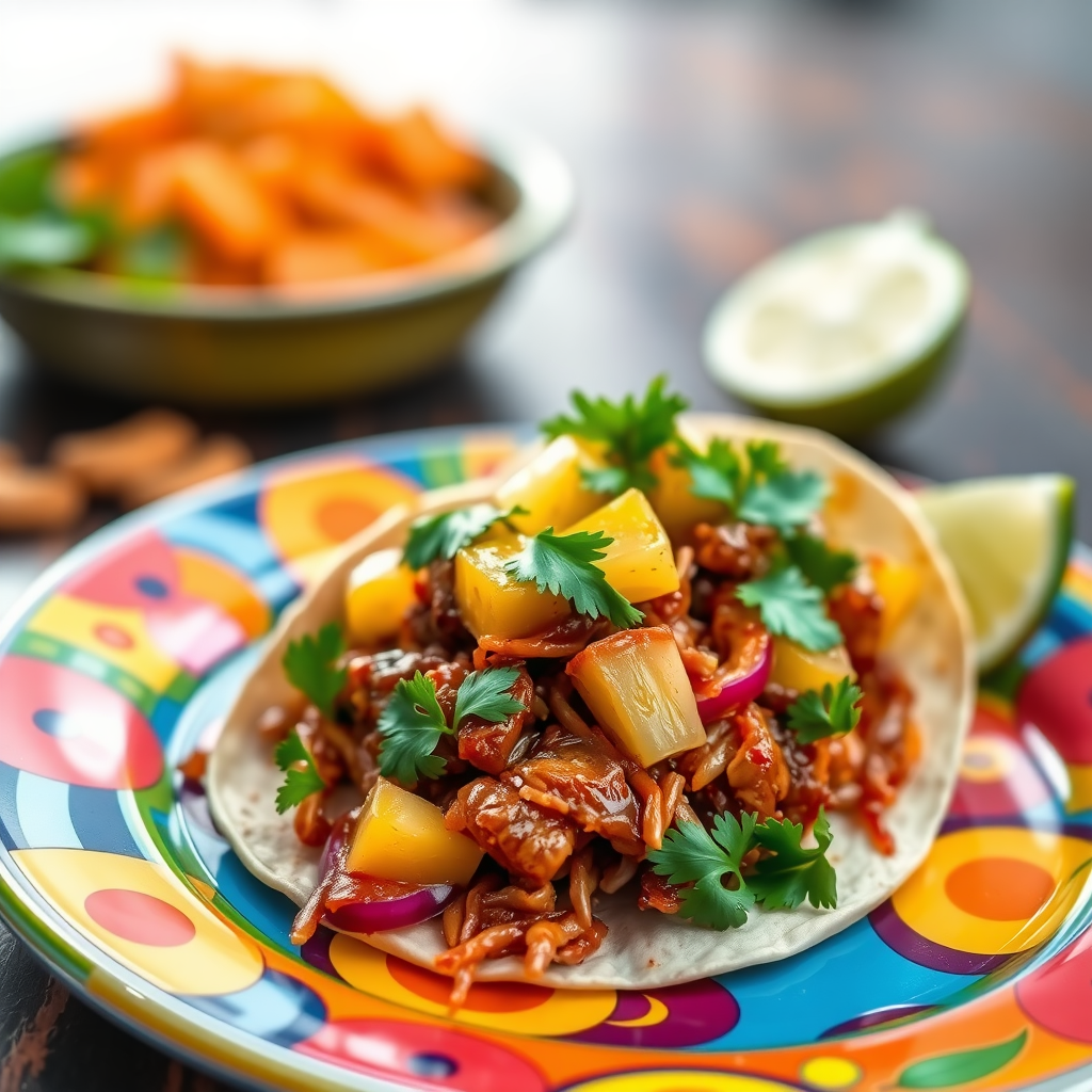 A colorful plate of Tacos al Pastor topped with pineapple and cilantro, served with lime and additional sides.