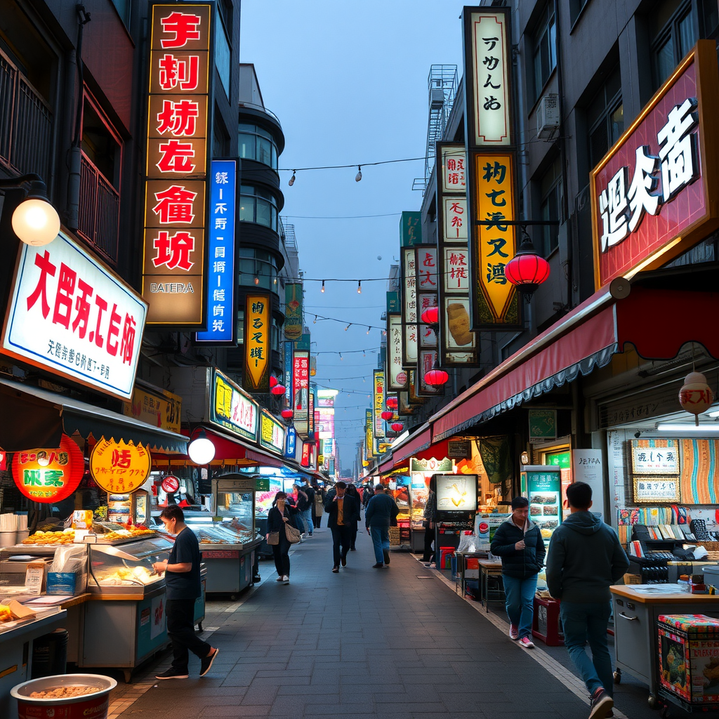 A lively night market in Taipei filled with food stalls and colorful signs.