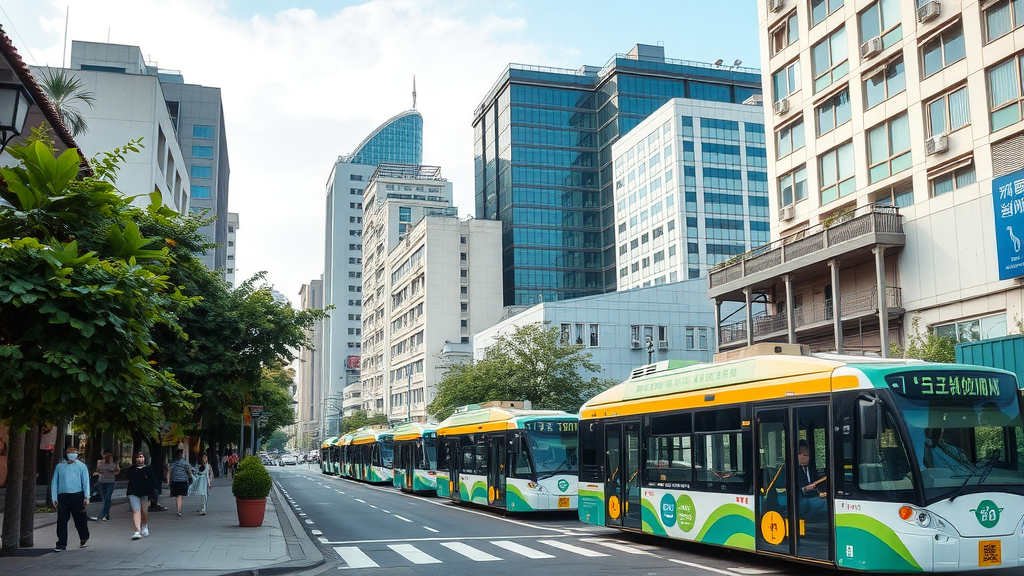 A street view in Taiwan showing electric buses and modern buildings.