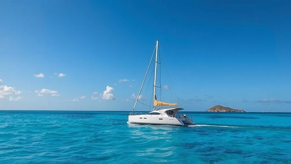 A catamaran sailing in turquoise waters with a small island in the background.