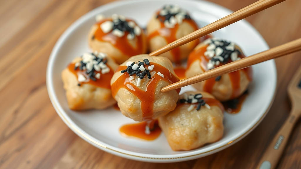 A plate of takoyaki topped with sauce and sesame seeds.