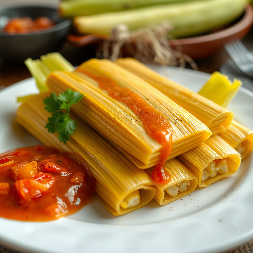 Plate of yellow corn tamales topped with sauce and cilantro