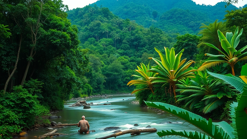 A tranquil river scene in Taman Negara National Park, Malaysia, with lush greenery and a person sitting peacefully by the water.