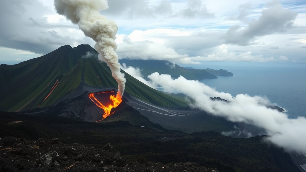 A volcano erupting on Tanna Island, showing lava and smoke against a green landscape.