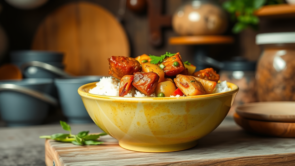 A bowl of Filipino Adobo served with rice, featuring meat and vegetables.