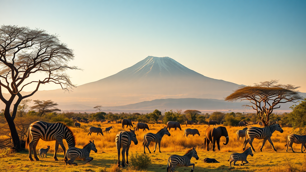 Stunning view of Mount Kilimanjaro surrounded by zebras and elephants in the Tanzanian savanna.