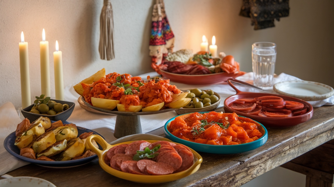 A colorful selection of Spanish tapas, including chorizo, patatas bravas, olives, and more, arranged on a wooden table with candles.