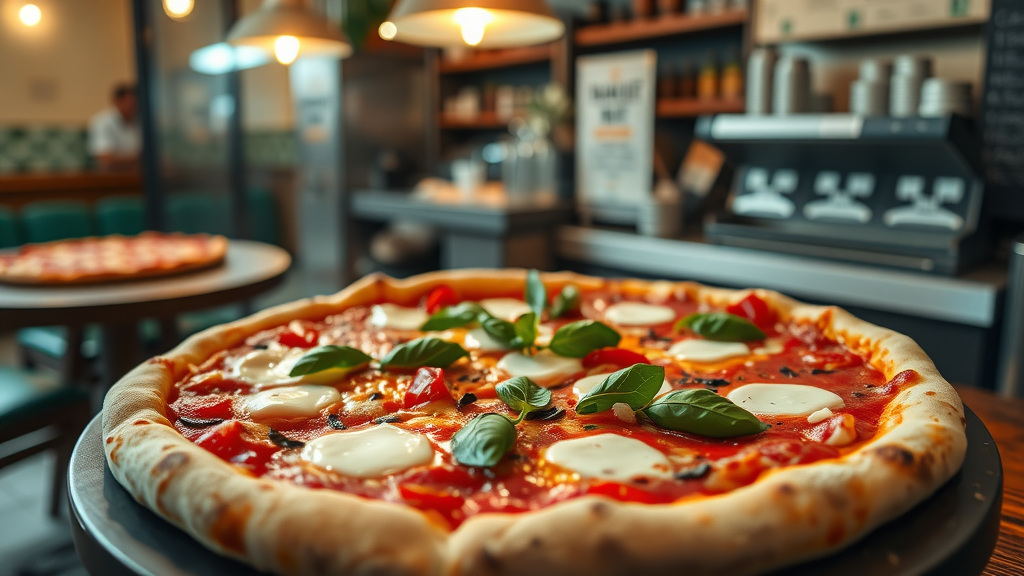 A delicious Neapolitan pizza topped with basil and mozzarella.