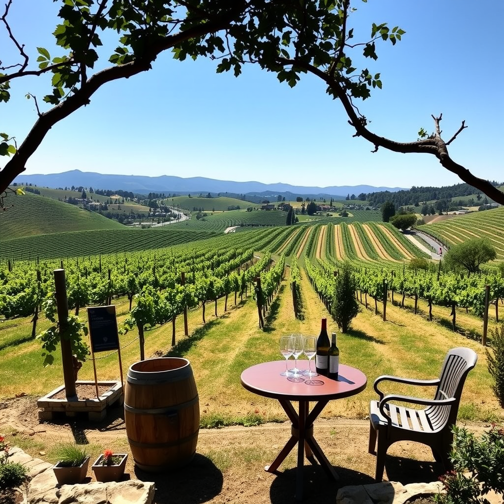 Scenic view of vineyards in Napa Valley with a table set for wine tasting.