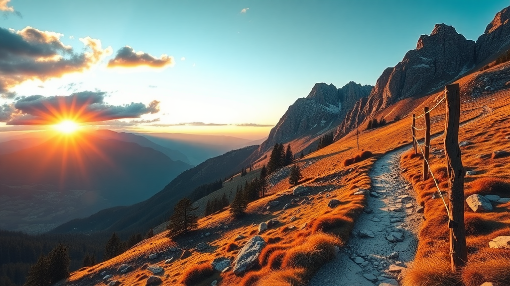 Sunset view of Tatra National Park with mountains and a winding path