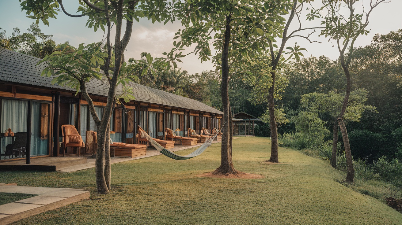 Luxurious retreat with wooden cabins and hammocks in a green landscape