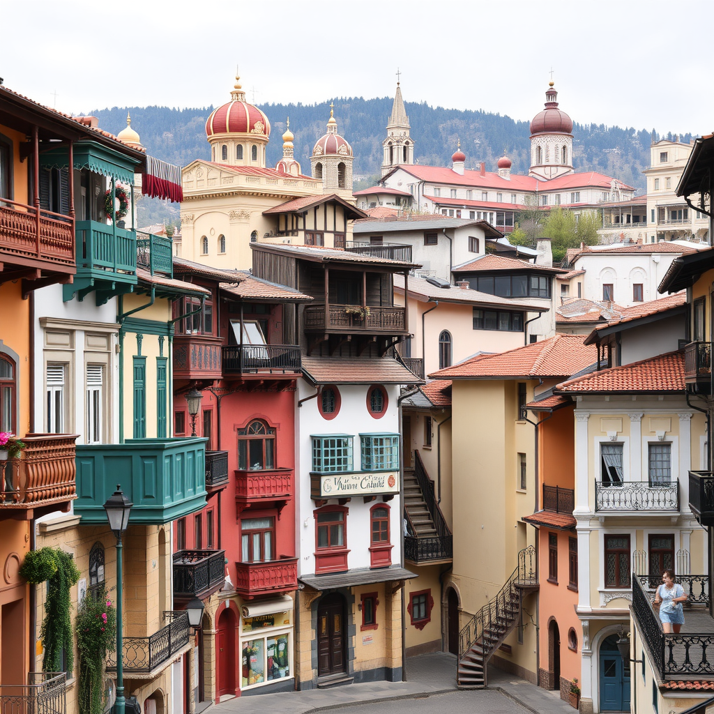 Colorful buildings with intricate balconies in Tbilisi, Georgia.