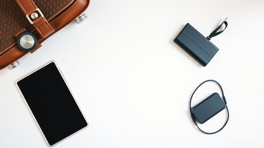 A brown suitcase with a watch, a tablet, a sleek wallet, and a portable charger arranged on a white surface.