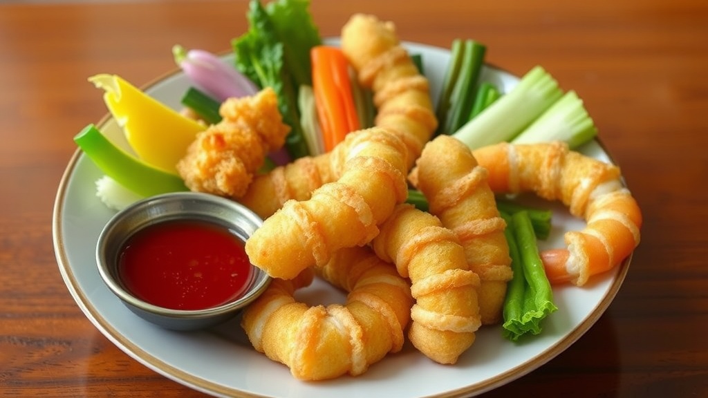 Plate of tempura shrimp and vegetables with dipping sauce.