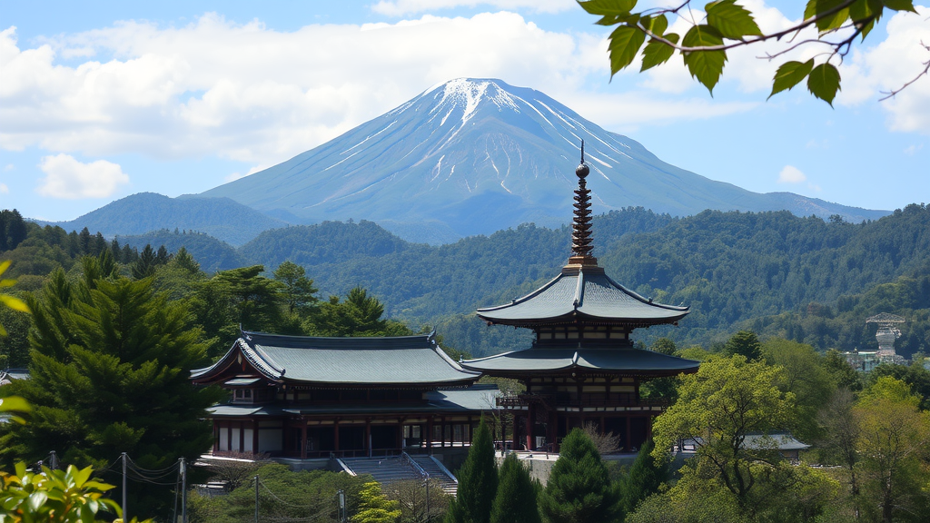 A picturesque view of Tendai-ji Temple with mountains in the background.