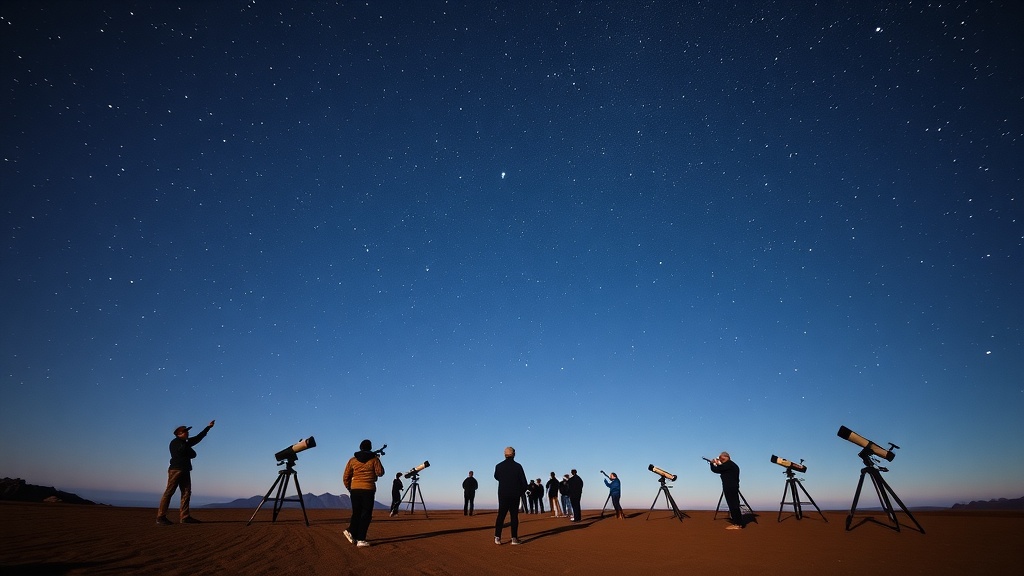 People stargazing with telescopes under a clear night sky in Tenerife.