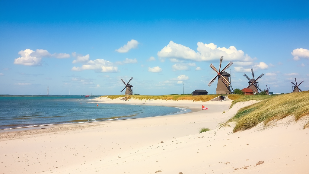 Scenic view of Terschelling Island featuring windmills and sandy beach.