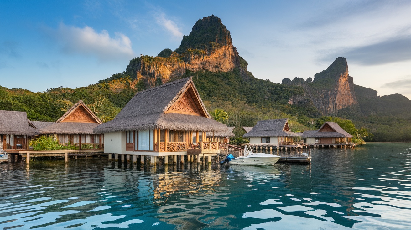 Overwater bungalows in Thailand with scenic mountains in the background.