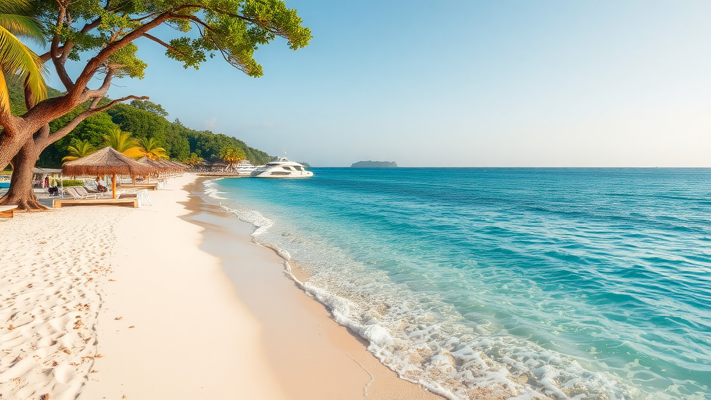 A serene beach scene in Thailand with clear blue waters, white sand, and lush greenery.